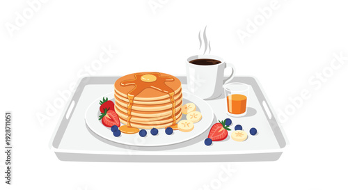 A breakfast tray holds a stack of pancakes with butter and syrup, a hot cup of coffee, and fresh fruit on a white background.