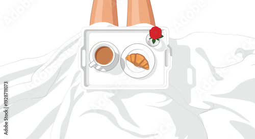 A top-down view of breakfast in bed with a white tray holding coffee, a croissant, and a red rose, resting on white bed sheets.