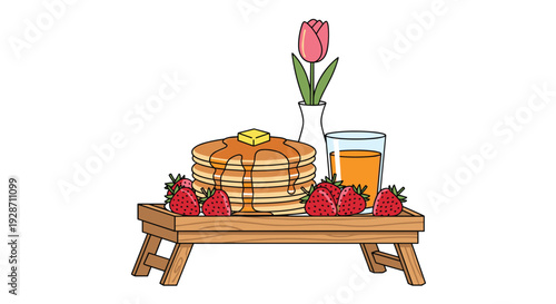A small wooden breakfast tray holds a stack of pancakes with strawberries and orange juice, next to a pink tulip in a vase.