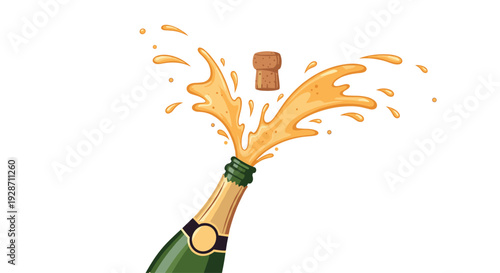 A green champagne bottle with a flying cork erupts in a dynamic golden liquid splash, celebrating a festive occasion on a bright white background.