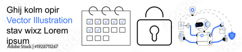 Data security, scheduling, automation, privacy protection, task management, cybersecurity. Featured elements include a calendar, lock icon and robotic automation graphics. Data security