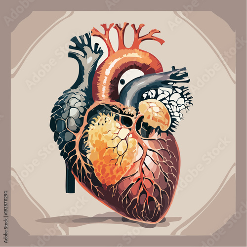Observing a red, geometric heart illustration with branching vessels, set against a warm earthy backdrop, facing right in a digital art perspective