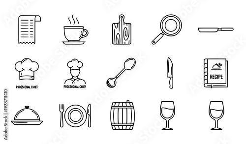 Thin Line Cooking and Culinary Icon Set with Chef Pan Knife and Meal Symbols