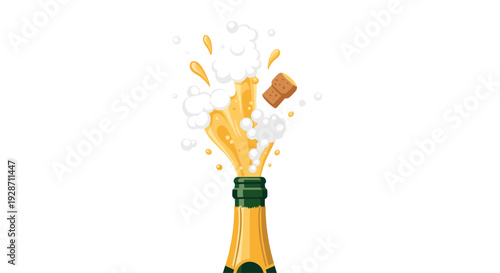 A champagne bottle with a flying cork creates a powerful upward burst of golden liquid and frothy white foam against a bright white background.