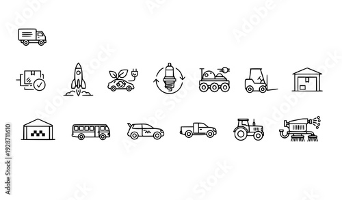 Modern Thin Stroke Vehicle and Mobility Outline Icon Pack with Rocket and Forklift