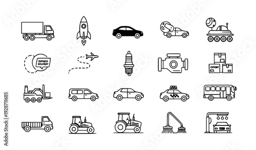 Minimal Outline Automotive and Logistics Icon Collection Isolated on White