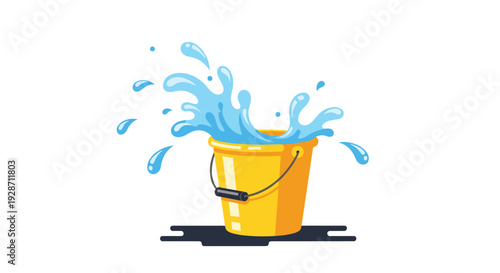 A bright yellow plastic bucket with a black handle is depicted with clean blue water vigorously splashing out of its rim on a white background.