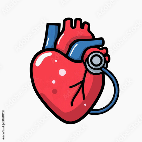 A vibrant cartoon illustration of a human heart with a stethoscope wrapped around it