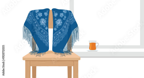 A wooden chair with a vibrant blue embroidered shawl draped over its back stands next to a window, with a glass of tea on the sill.