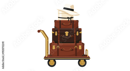 A golden luggage cart carries a tall stack of brown leather suitcases, topped with a white straw hat, indicating travel on a white background.
