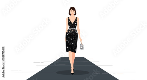 A stylish woman with short brown hair wearing a glittering black cocktail dress confidently walks forward on a fashion runway.