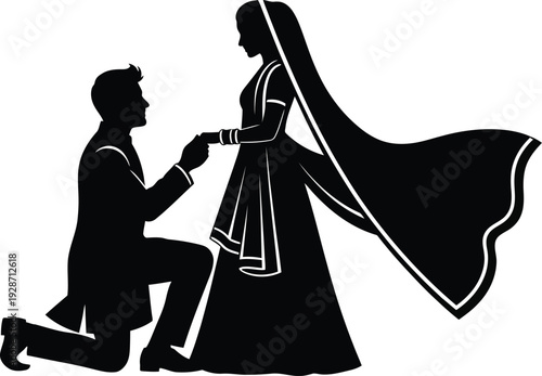 Elegant black silhouette vector illustration depicting an Indian wedding couple in traditional attire during a romantic proposal, symbolizing love, commitment, and cultural heritage