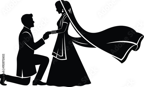 Indian wedding couple vector silhouette of a man proposing to a woman, perfect for invitations and wedding designs