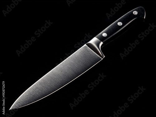 Wallpaper Mural Sharp stainless steel chef's knife with black handle isolated on black, essential kitchen utensil for cooking and food preparation. Torontodigital.ca