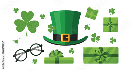 A cheerful collection of St. Patrick's Day themed items featuring a green leprechaun hat, shamrocks, eyeglasses, and wrapped gift boxes.