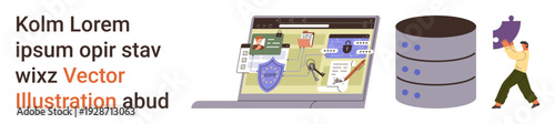 Cybersecurity, data storage, teamwork, digital protection, cloud computing, problem solving. Laptop with security shield, database worker adding puzzle piece. Cybersecurity and data storage concept