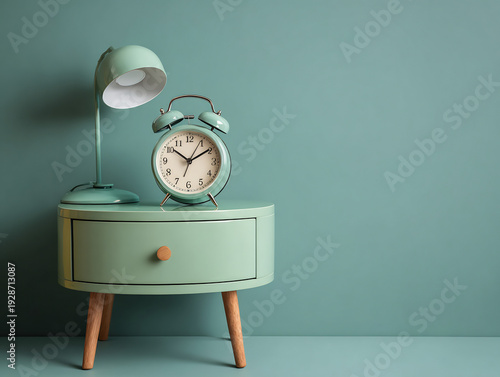 Wallpaper Mural Modern mint green nightstand with vintage alarm clock and table lamp against a teal wall. Torontodigital.ca
