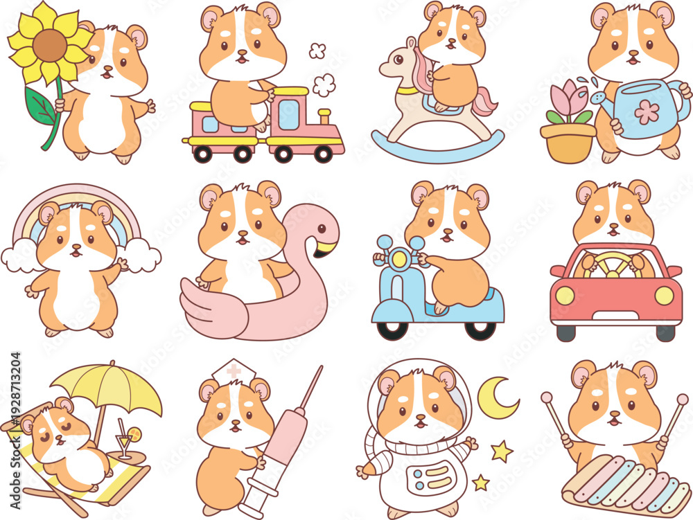 Fototapeta premium Cute set of hamster sticker with activity. Hamster