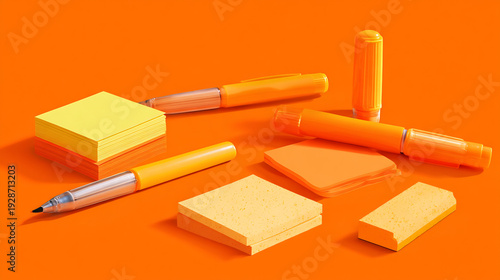 Wallpaper Mural Vibrant Orange and Yellow Stationery: Sticky Notes, Markers, and Office Supplies on a Bright Background Torontodigital.ca