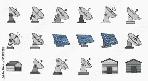 Satellite dishes and solar panels on various roofs in a technology hub landscape scene