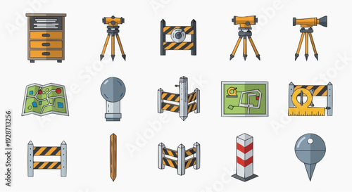 Construction site equipment and tools are organized on display