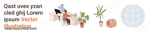 Office, teamwork, business, remote work, workspace collaboration. Two people at a desk with plants and books. Office and teamwork concepts. Line metaphor. Simple line icons