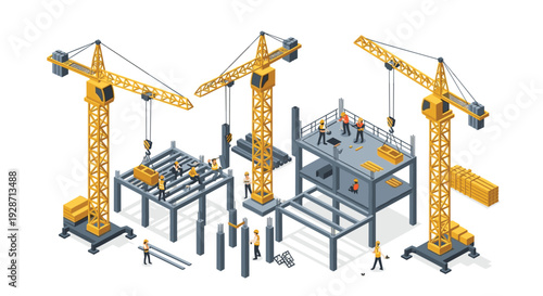 Detailed isometric view of a multi-stage construction site showing steel framework, active workers, and heavy lifting cranes on a white background.