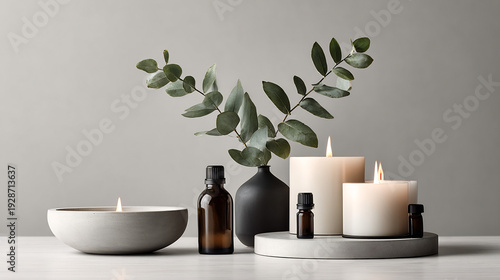 Wallpaper Mural Minimalist Aromatherapy Set with Lit Candles, Essential Oils, and Eucalyptus Leaves Torontodigital.ca