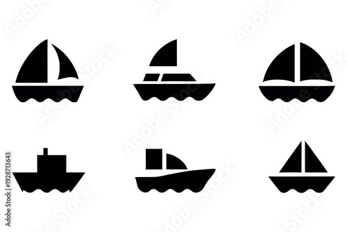 Set of nautical sailing ship and boat icons featuring vector yacht silhouettes and summer ocean travel designs for sea cruise illustrations