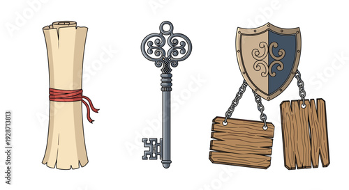 A historical set featuring a tightly rolled scroll with a red ribbon, a decorative vintage key, and a shield with chained wooden plaques.