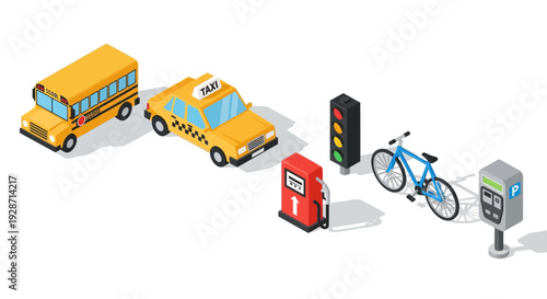 yellow school bus and taxi at gas station with bicycle.