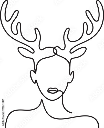 A woman wearing a deer antler headband, in one continuous line. simple linear style. one line art icon drawing vector