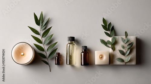 Wallpaper Mural Natural Essential Oils and Aromatic Candles with Green Leaves for Spa and Wellness, Flat Lay Top View Torontodigital.ca