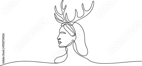 A woman wearing a deer antler headband, in one continuous line. simple linear style. one line art icon drawing vector