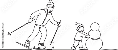 Single one line drawing winter activities and sport set. Happy man with winter clothes, Young boy with snowman and rolling snowball in winter. one line art icon drawing vector