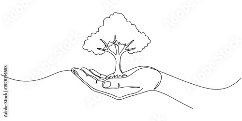 A continuous single line drawing of a tree growing inside a protective hand, line art style illustration.