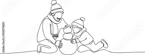 Single one line drawing winter activities and sport set. Happy man with winter clothes, Young boy with snowman and rolling snowball in winter. one line art icon drawing vector