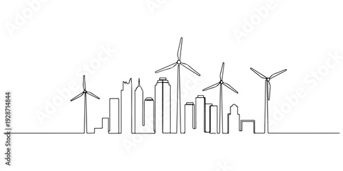 A continuous single line drawing of a city skyline with wind turbines, line art style illustration.