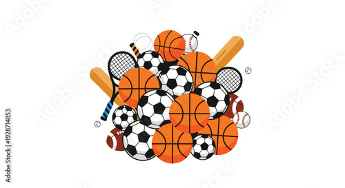 A circular arrangement displays numerous sports balls including soccer, basketball, football, and tennis, alongside bats and a tennis racket.