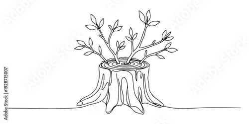 A continuous single line drawing of a tree stump with new leaves sprouting, line art style illustration.