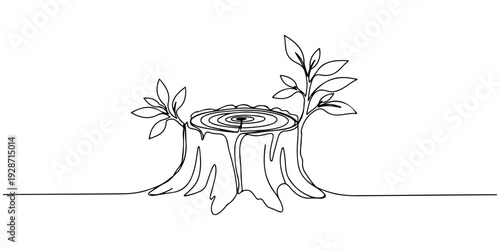 A continuous single line drawing of a tree stump with new leaves sprouting, line art style illustration.