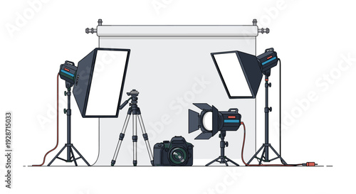 A complete photography studio setup features a camera on a tripod, two softbox lights, a spotlight, and a seamless white backdrop.