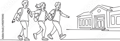 One continuous line drawing of happy students walking together on school. Back to school concept. one line art icon drawing vector