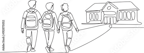 One continuous line drawing of happy students walking together on school. Back to school concept. one line art icon drawing vector