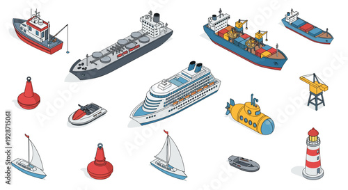 An isometric collection of diverse marine vessels and nautical elements, featuring cargo ships, a cruise liner, submarine, sailboats, buoys, and a lighthouse.