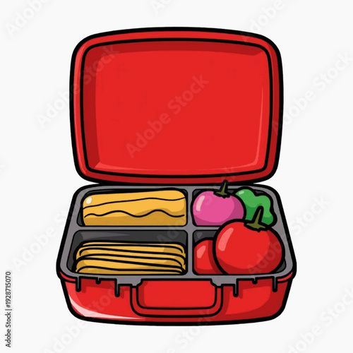 A vibrant cartoon illustration of an open red lunchbox with sandwiches and fruit inside