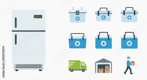 A person transports a fridge and bags to a warehouse with a truck nearby outside.