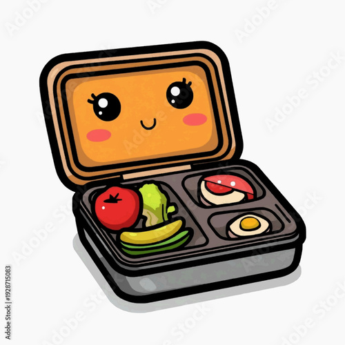 A cute cartoon lunchbox with a smiling face and compartments of food