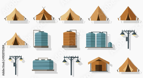 A collection of various tent and lamp post icons with storage containers on white