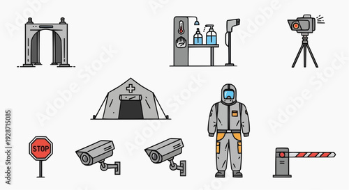 A hazmat-suited person stands near security cameras and a tent at an industrial site.
